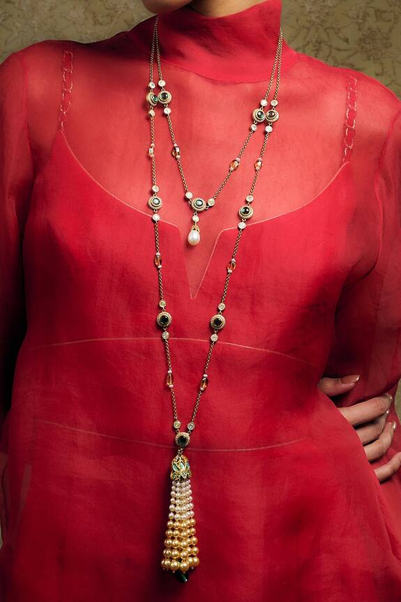 Tarun Tahiliani Cabochon Studded Lariat Necklace