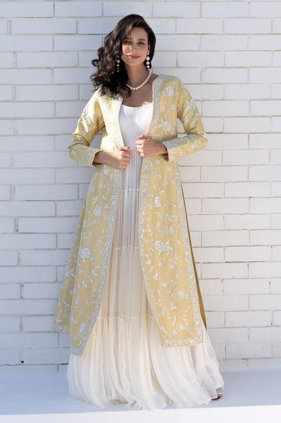 Talking Threads Floral Gara Embroidered Jacket With Tiered Gown