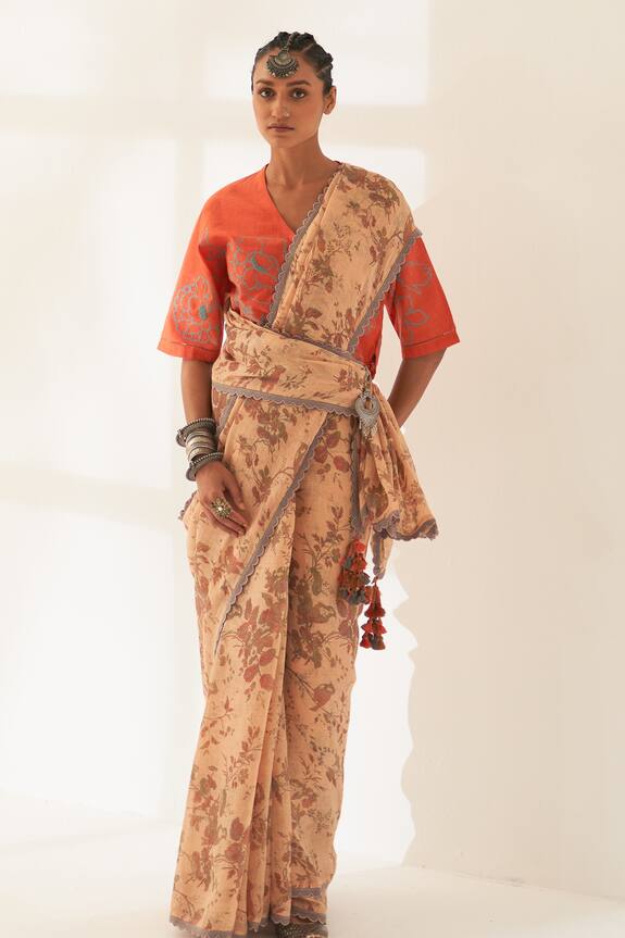 Kasturi Kundal Narangi Pure Linen Handloom Saree With Unstitched Blouse