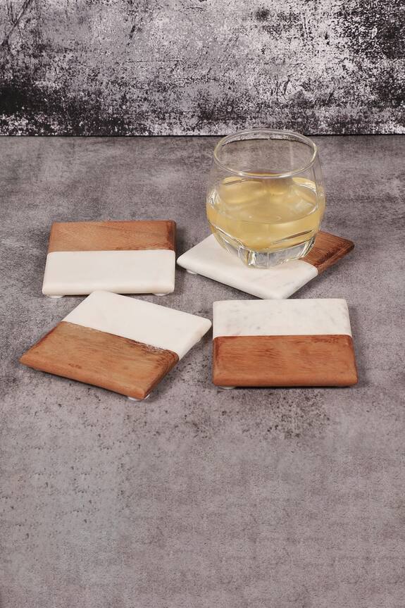 Cotton Indya Rectangular Wooden & Marble Coasters - Set of 4