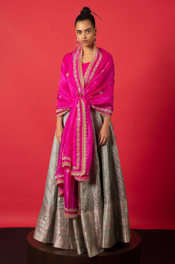 Ekaya Handcrafted Satin Silk Lehenga Set With Unstitched Blouse Fabric