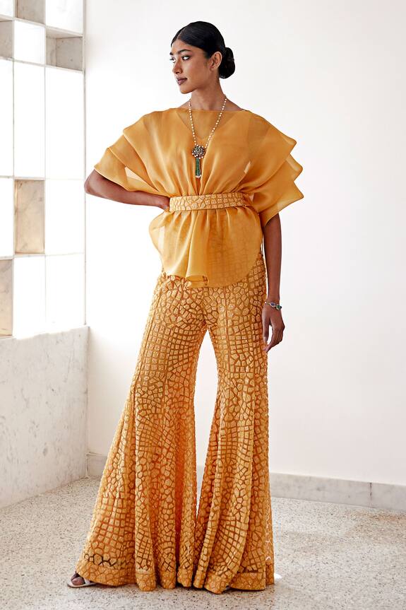 Mishru Pouf Top & Tea Bark Embroidered Pant Set