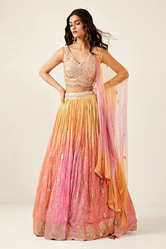 Basanti - Kapde Aur Koffee Ombre Effect Bandhani Print Lehenga Set