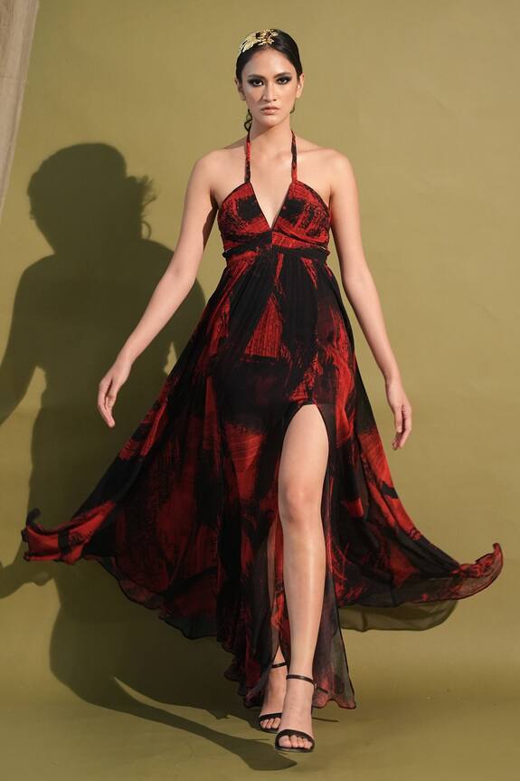 Nikita Mhaisalkar Stroke Print High Slit Dress