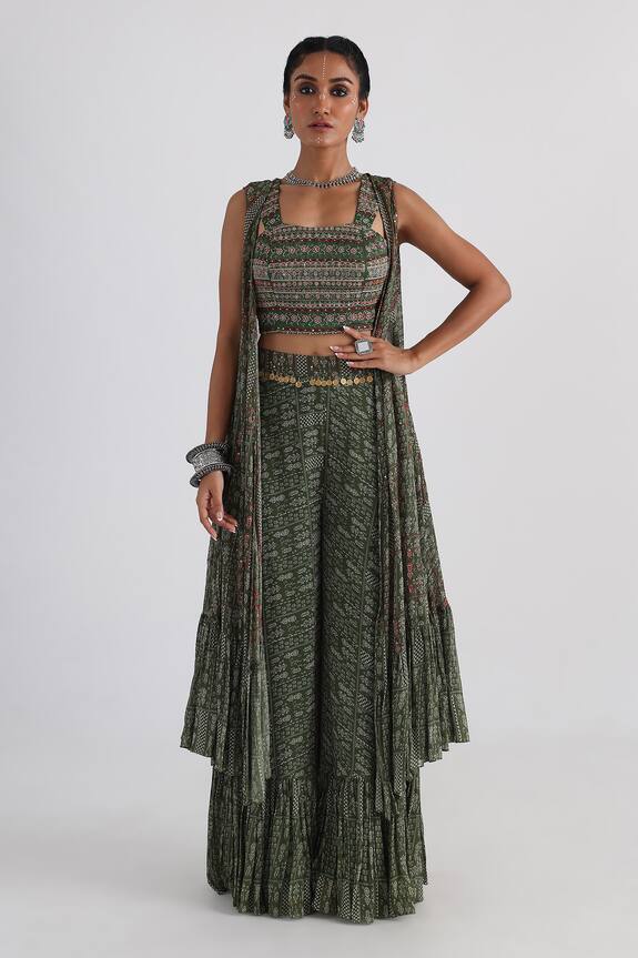 Smriti by Anju Agarwal Printed Cape & Tiered Flared Pant Set