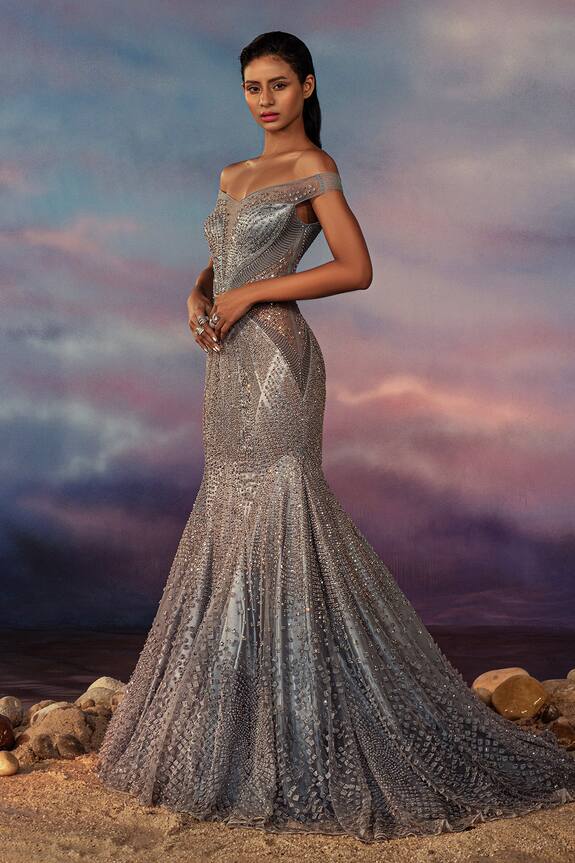 Rohit Gandhi + Rahul Khanna Fish Cut Beryl Tonal Embroidered Gown