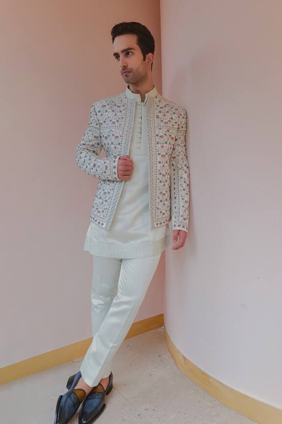 Jatin Malik Linen Silk Embroidered Mughal Pattern Jacket Kurta Set