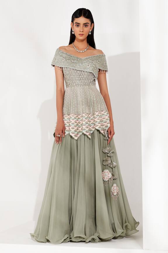 Amitabh Malhotra Off Shoulder Peplum & Skirt Set