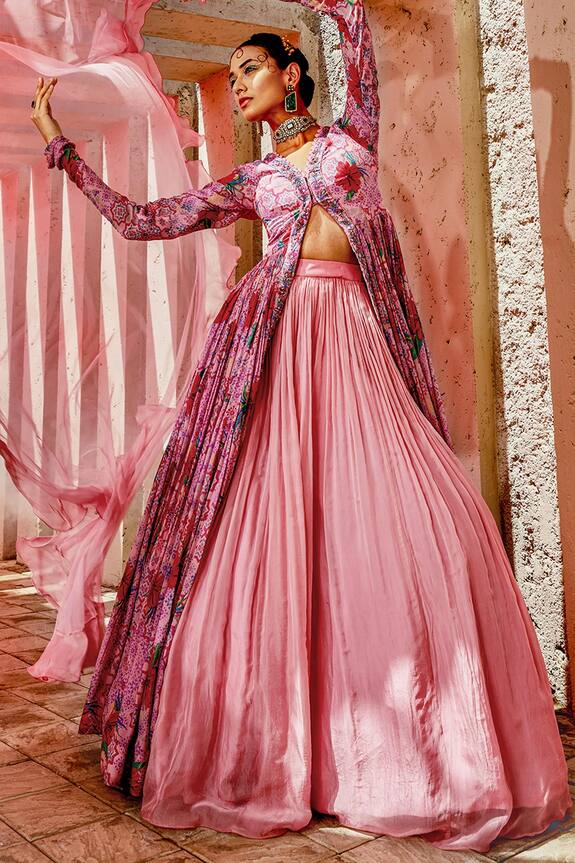Awigna Farzin Floral Print Jacket Anarkali With Pleated Lehenga Set