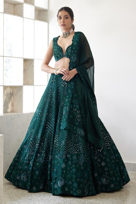 Mishru Zita Checks & Floral Embroidered Lehenga Set