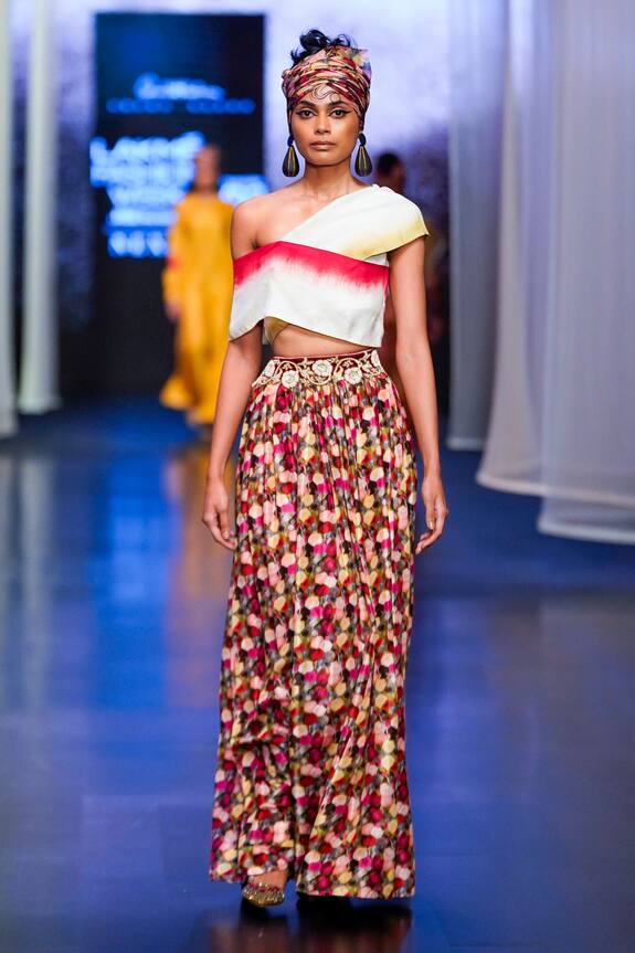 Anand Kabra Printed Skirt With One Shoulder Top