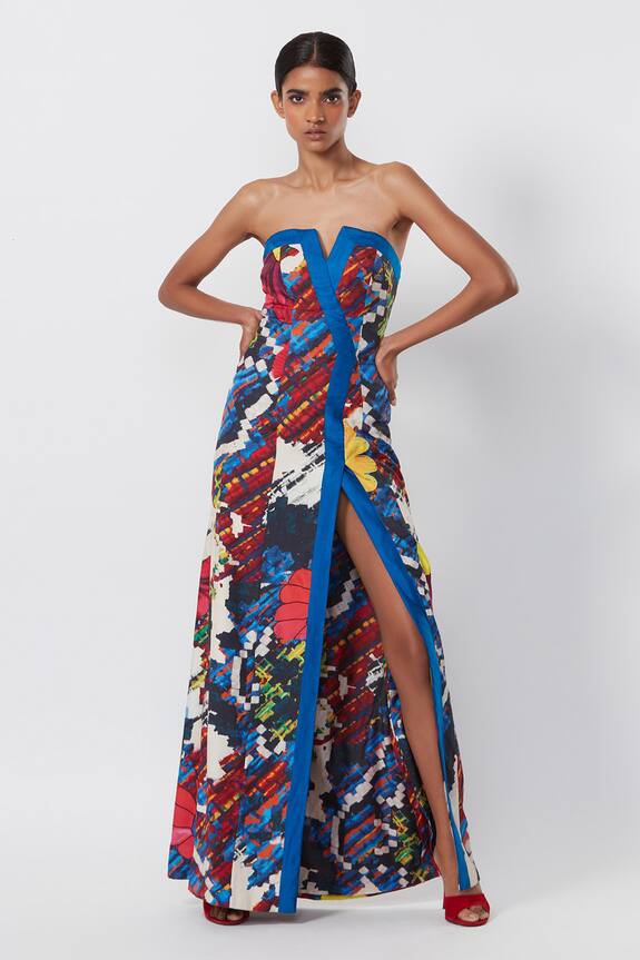 Saaksha & Kinni Satin Abstract Floral Print Slit Dress