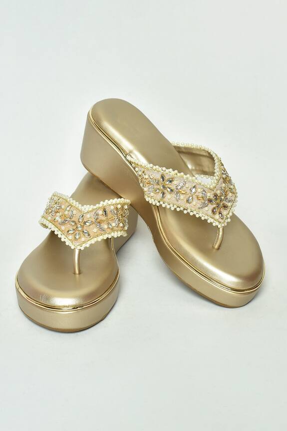 Nayaab by Aleezeh Stone & Bead Embellished Strap Platform Wedges
