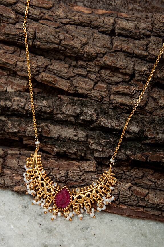 Neeta Boochra Ruby & Pearl Embellished Pendant Necklace