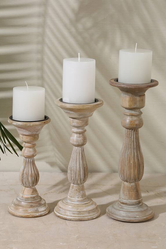 Amoli Concepts Wooden Carved Pillar Candle Holders - Set of 3