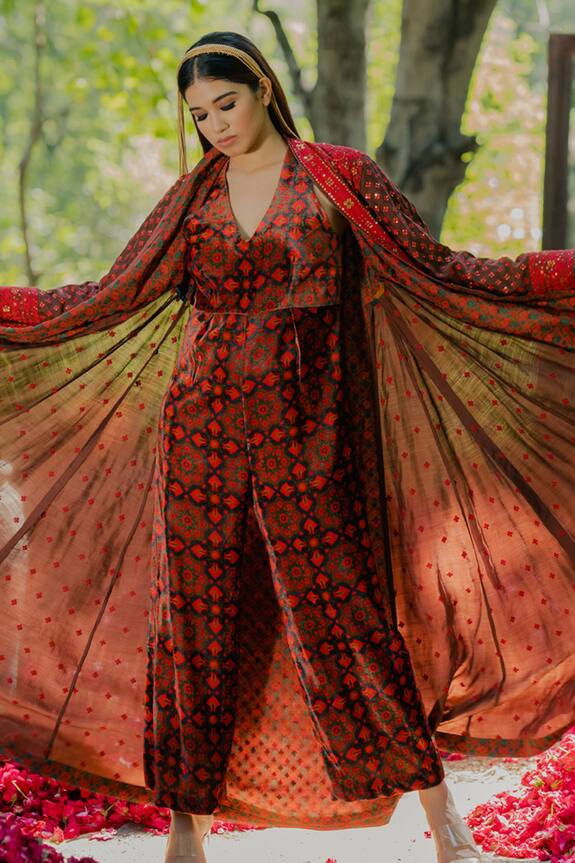 Pooja-Keyur Floral Print Velvet Jumpsuit