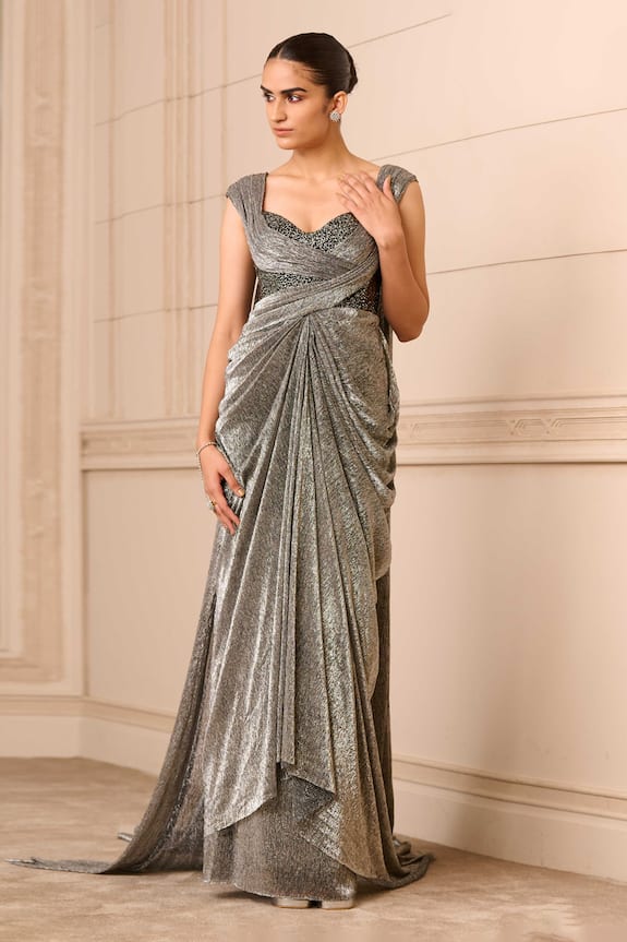 Tarun Tahiliani Metallic Draped Saree Gown