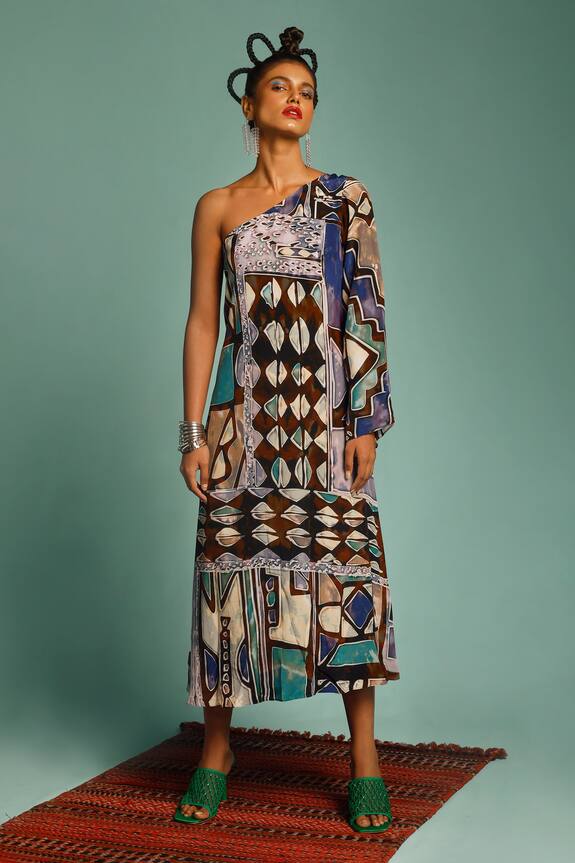 Shristi Chetani Digital Print One-Shoulder Dress