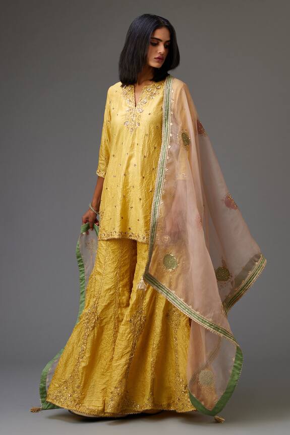 Kora Silk Hand Crushed Short Kurta Set