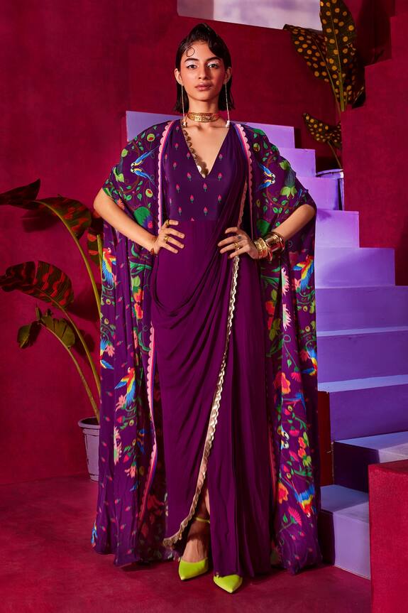 Limerick by Abirr N' Nanki Maliha Saree Gown With Printed Cape
