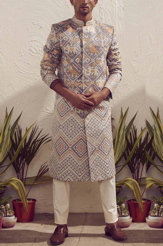 Dev R Nil Silk Embroidered Sherwani Set