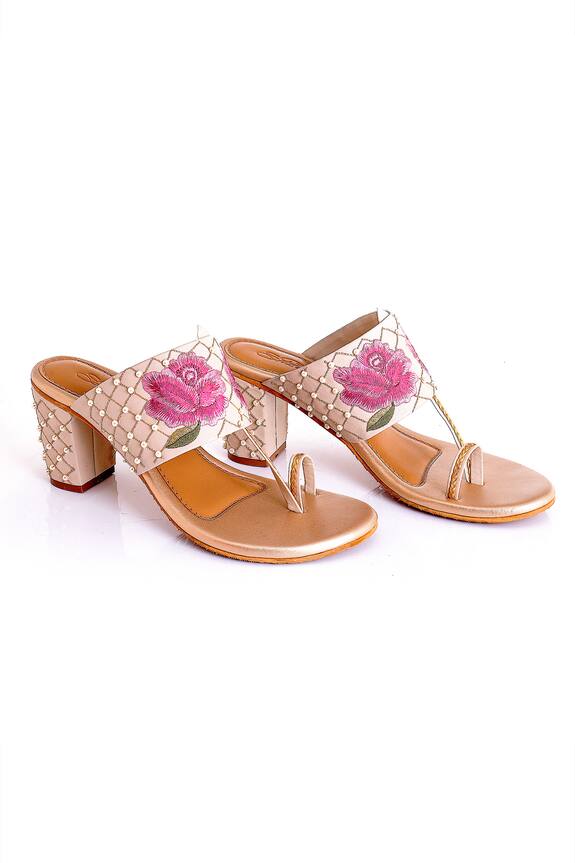 Sole House Vegan Leather Floral Embroidered Block Heels
