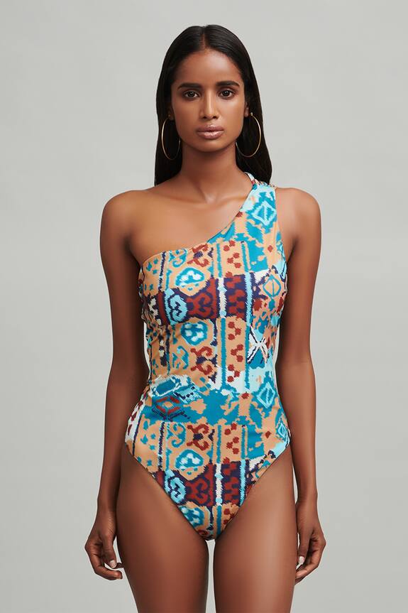 Dash and Dot Tribal Print One Shoulder Swimsuit