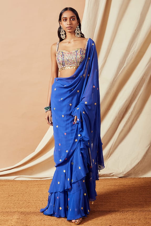 Tamanna Punjabi Kapoor Mirror Embroidered Ruffle Saree With Blouse
