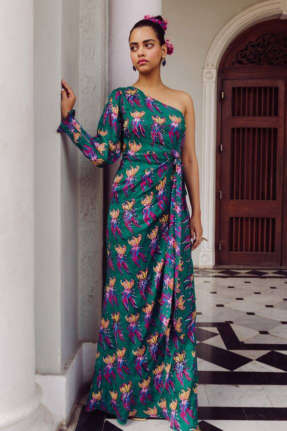 Jodi Mahbub Block Print One Shoulder Dress