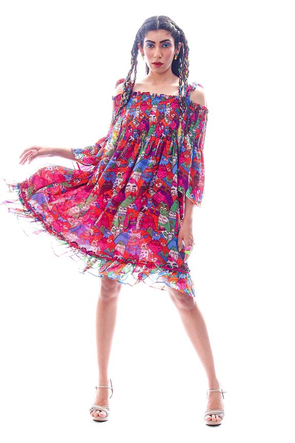 Nitya Bajaj Meow Print Shirring Sun Dress