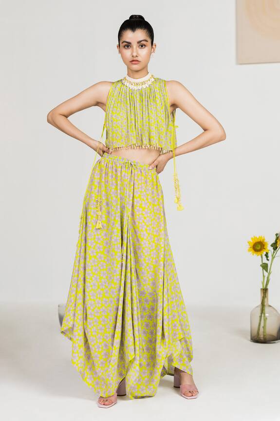 Madsam Tinzin Floral Print Crop Top & Dhoti Skirt Set