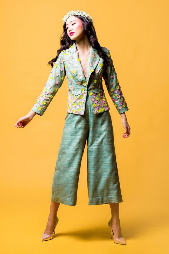 Nitara Dhanraj Label Floral Applique Blazer & Culottes Set