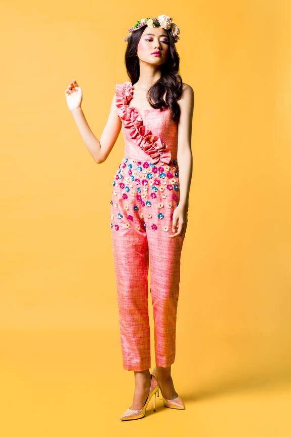 Nitara Dhanraj Label Floral Embroidered Ruffle Jumpsuit