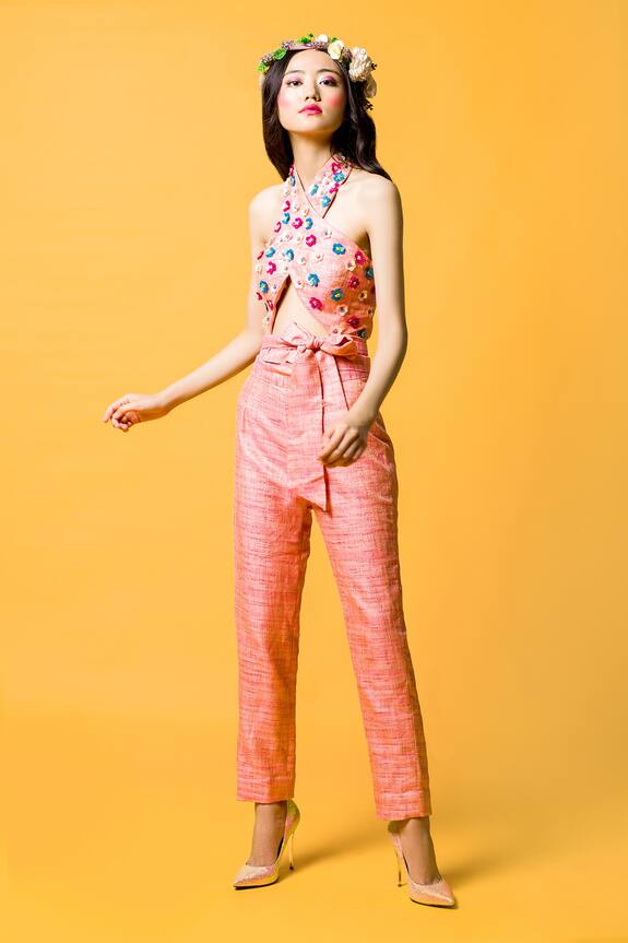 Nitara Dhanraj Label Halter Neck Floral Applique Jumpsuit