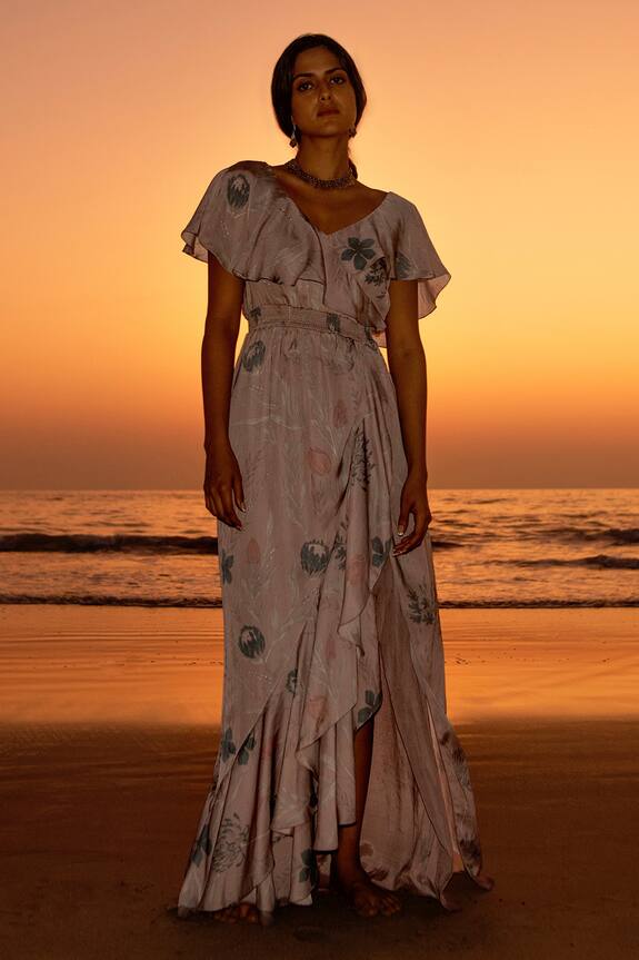 Vivek Patel Floral Print Ruffle Dress