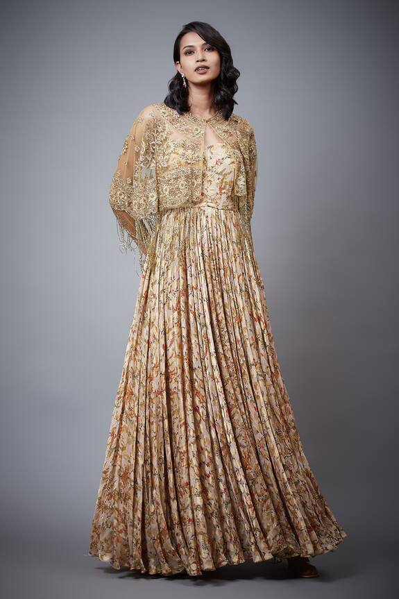 RI.Ritu Kumar Paradise Garden Embroidered Dress With Cape