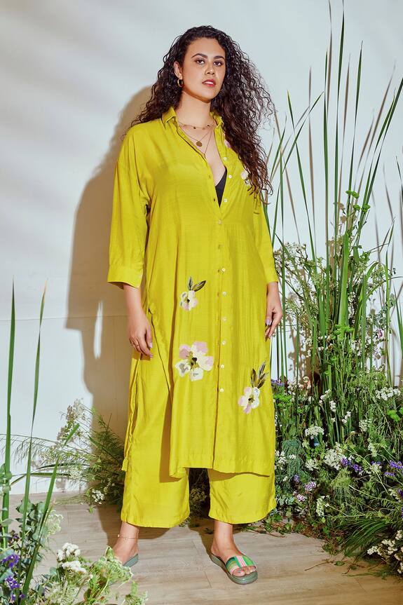 Half Full Curve Floral Embroidered Cotton Kurta & Pant Set