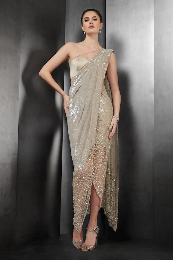 Rohit Gandhi + Rahul Khanna Sequin Embroidered Saree Gown