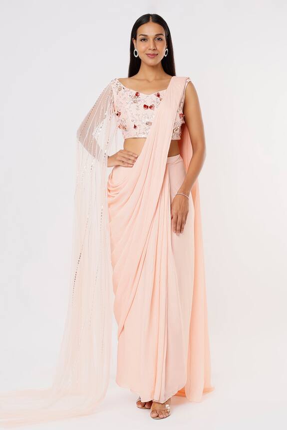 Pink Peacock Couture Pre-Draped Saree With Embroidered Blouse