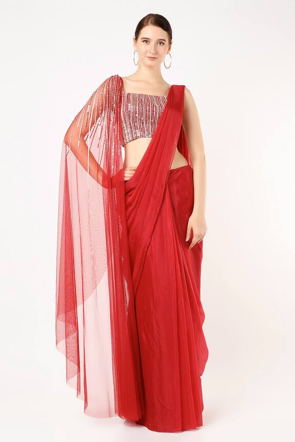 Pink Peacock Couture Pre-Draped Saree With Embroidered Blouse