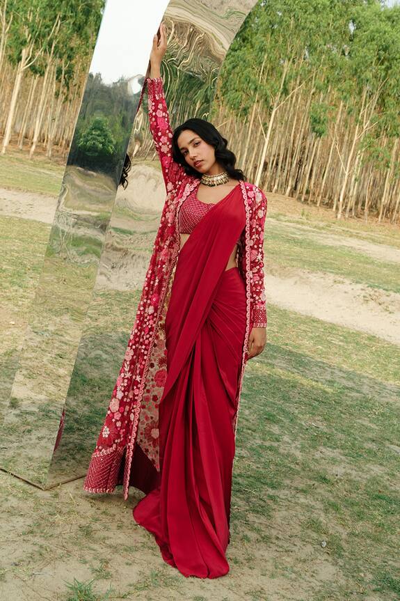 Mishru Aine Pre-Draped Saree and Long Jacket Set