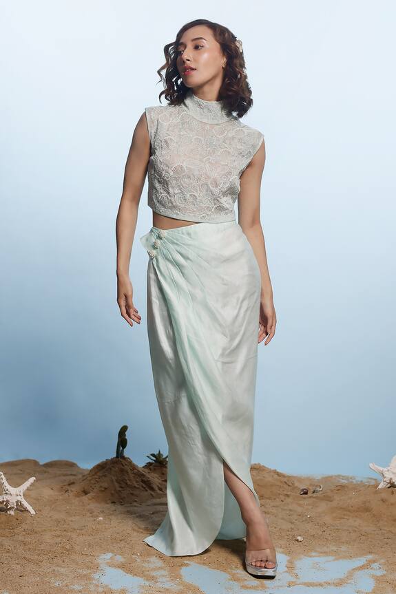 Eclat by Prerika Jalan Pearl Embellished Marine Pattern Top With Skirt