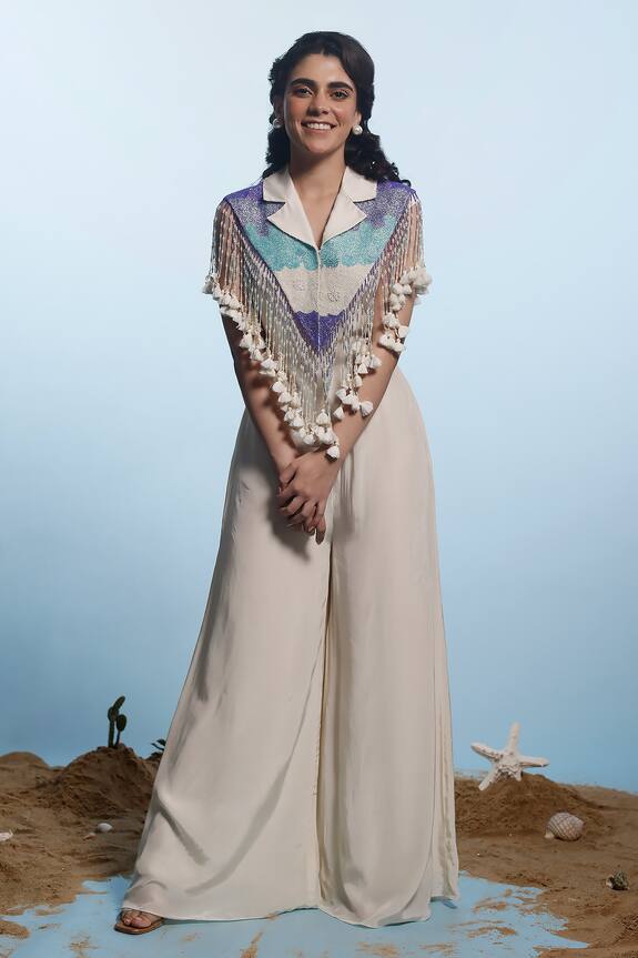 Eclat by Prerika Jalan Cutdana Embellished Tasselled Cape With Jumpsuit