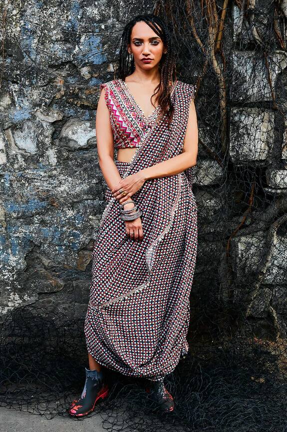 SVA by Sonam & Paras Modi Pre-Draped Saree With Embellished Crop Top