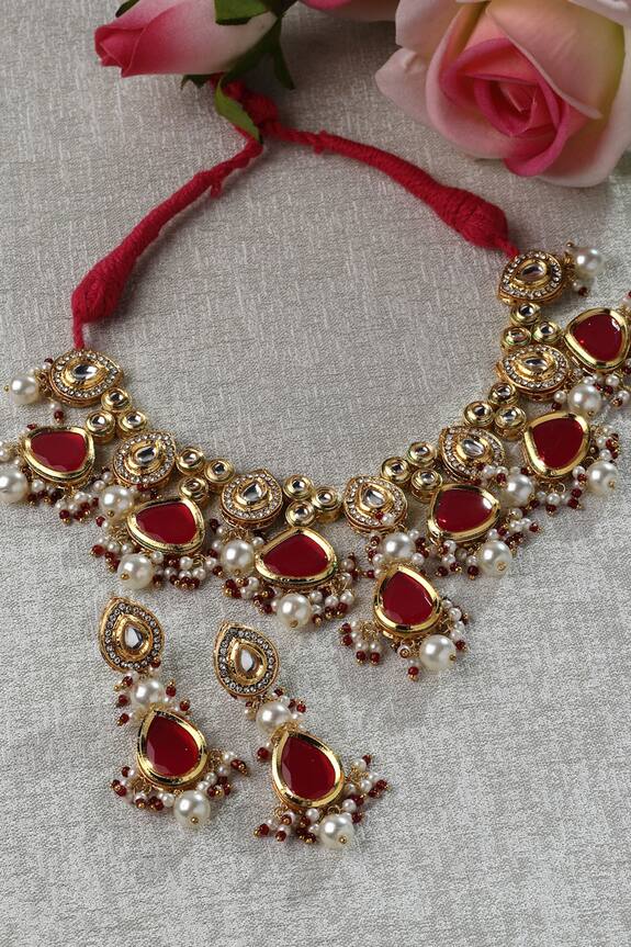 Dugran By Dugristyle Kundan & Faux Ruby Embellished Necklace Set