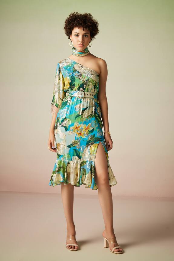 Verb by Pallavi Singhee Tropical Floral Print One Shoulder Dress
