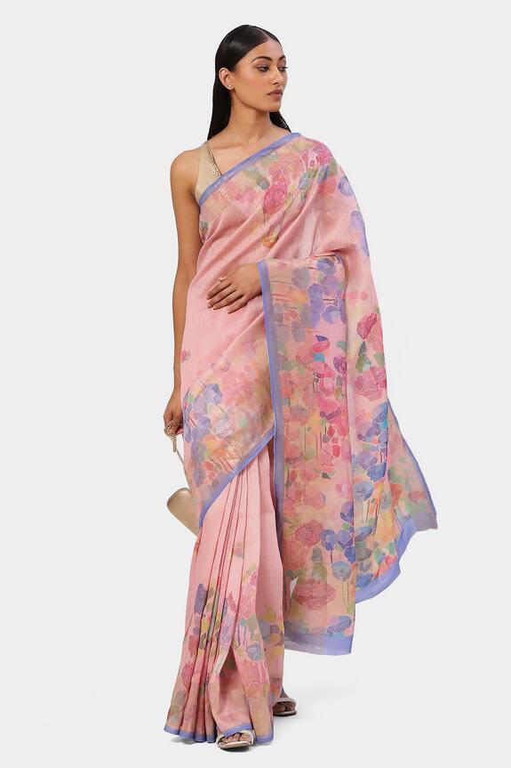 Satya Paul Banarasi Linen Floral Pattern Saree