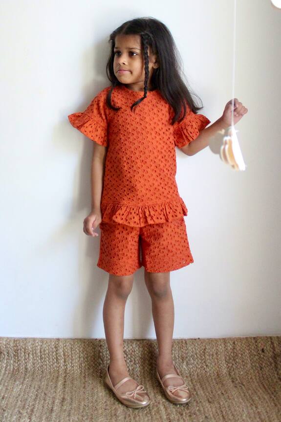 Charkhee Cotton Schiffli Pattern Top With Shorts