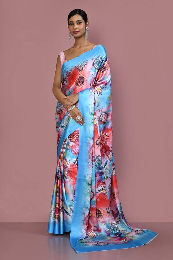 Adara Khan Satin Moroccan Print Saree With Running Blouse