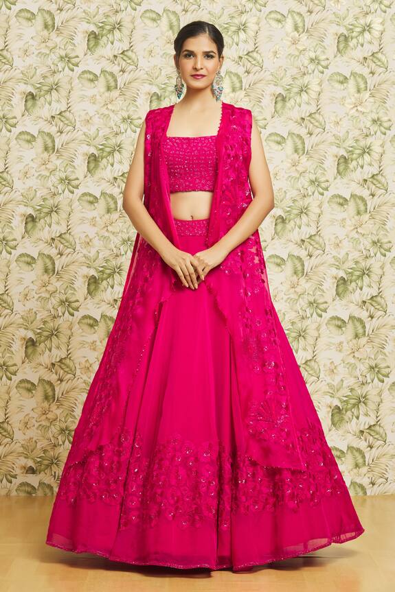 Mishru Flower Border Embroidered Cape Lehenga Set
